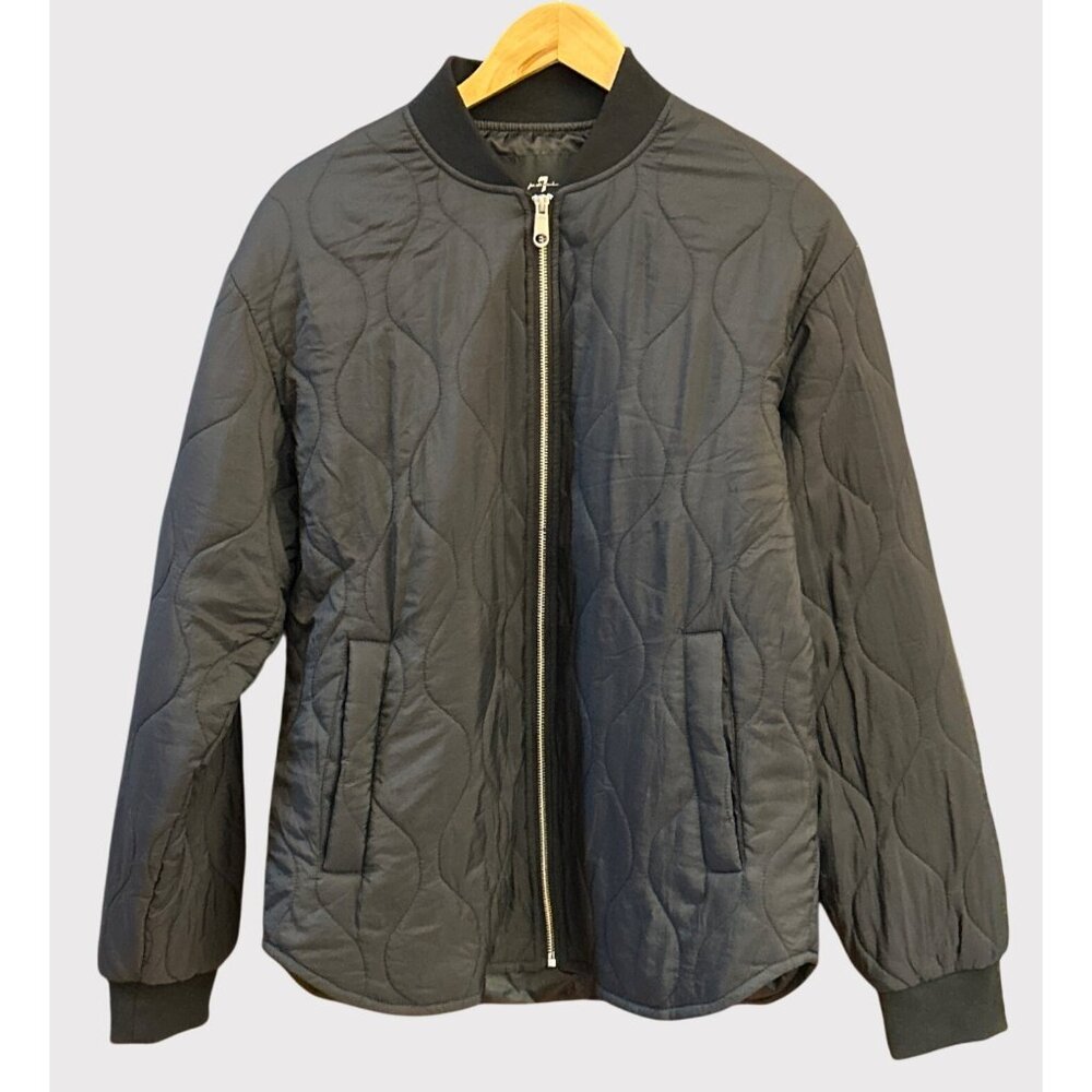 NWOT 7 For All Mankind Black Quilted Bomber Jacket Zip Front Minimal Outerwear